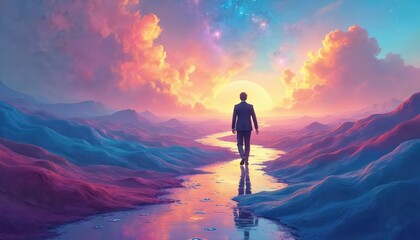 Obraz premium Man in suit walks on colorful wavy terrain river path towards bright sun and starry sky. Surreal landscape reflects inner thoughts and emotional journey.