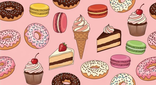 Delicious Assortment of Sweet Treats on Pink Background.