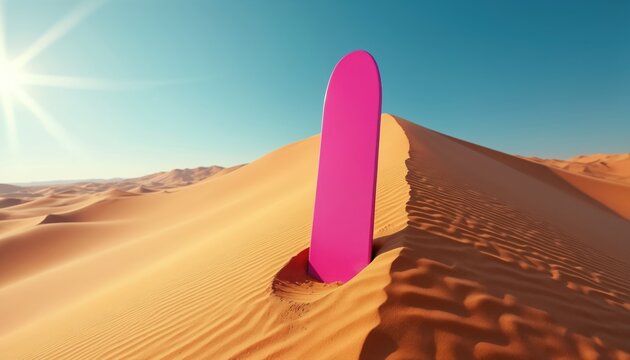 Bright pink board stands vertically in sunlit desert sand dune. Vast arid landscape under clear blue sky. Hot summer day in remote wilderness.
