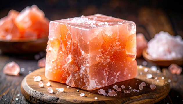 Pink salt mineral crystal salt block sea salt wellness spa biohacking trends rustic still life photo with glowing orange mineral chunk wooden