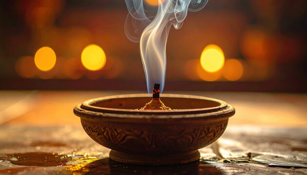 Incense smoke bowl candlelight calm morning ritual aesthetic, warm glow with fragrant aroma and soft bokeh background for meditation