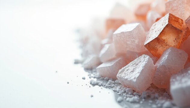 Closeup of pink salt crystals. Geometric shapes form a natural textured surface. Food ingredient for cooking and seasoning. Health and wellness mineral.