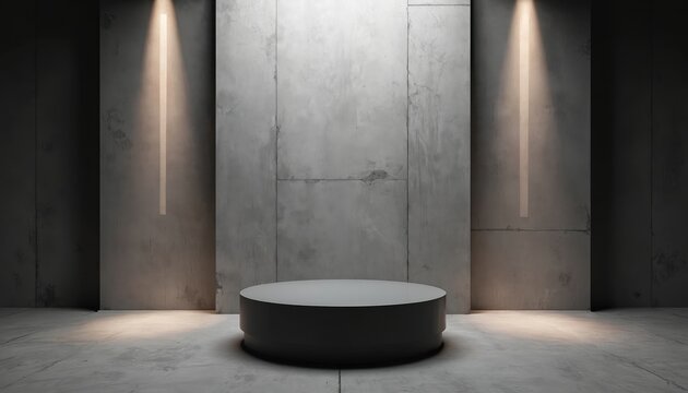 Minimalist display stage with round black platform and textured concrete wall. Dramatic spotlight illuminates studio interior space. Modern design for product presentation or exhibition.