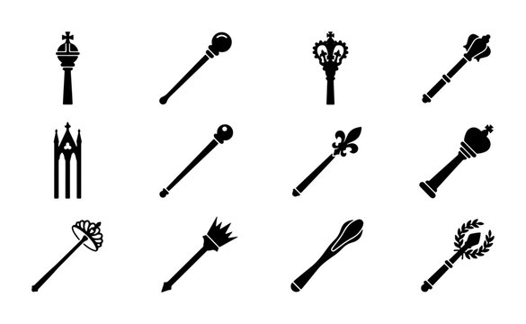 Medieval royal scepter icons set, 12 black silhouette monarch mace and wand vectors, regal authority symbols for gaming and heraldry
