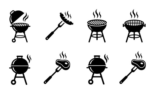 Barbecue grill black icons set, charcoal BBQ kettle and meat fork symbols, outdoor cooking equipment collection, minimalist barbecue vector illustrations