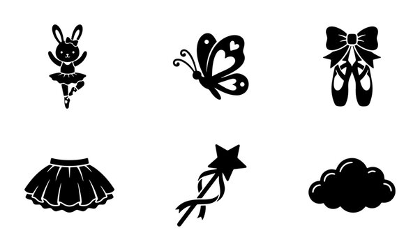 Ballet icons set with 6 black vector elements, cute ballerina bunny and pointe shoes, magic wand and tutu skirt silhouettes for dance school branding