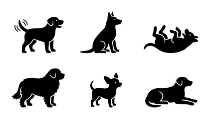 Minimalist dog silhouette icons, set of 6 black canine vector shapes, pet behavior and breed silhouettes for veterinary and animal care branding © Rabiya