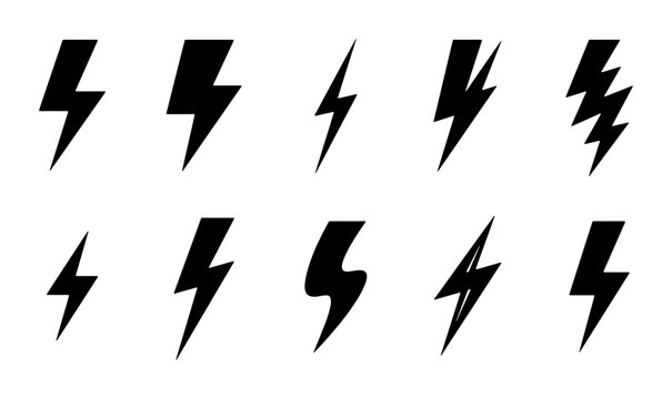 Black lightning bolt icons set, minimalist thunderbolt silhouettes, 10 electric flash vector symbols, power and energy graphic elements for logo design