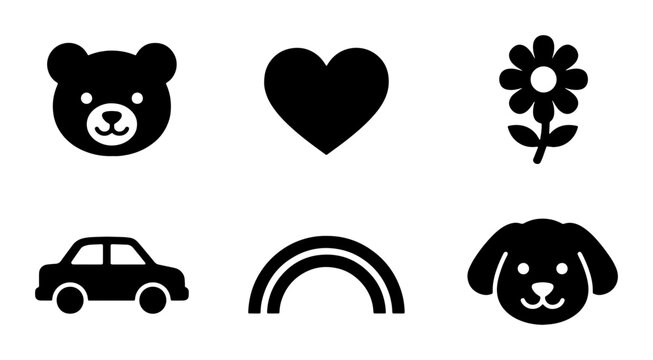 Minimalist nursery icon set with 6 black vector symbols, cute baby bear and puppy dog faces, simple heart and rainbow shapes for kids decor
