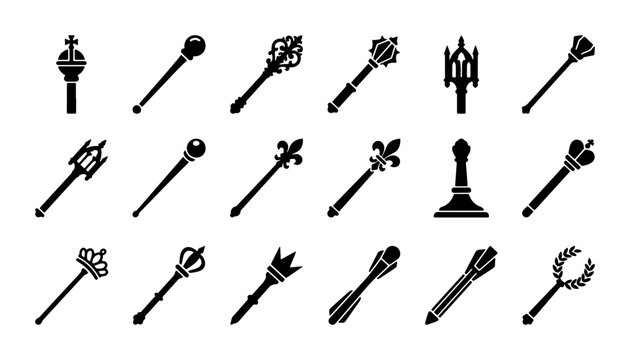 Medieval scepter and royal mace icons, 18 black silhouette monarch wand symbols, fantasy king and queen regalia collection, ceremonial staff vector set