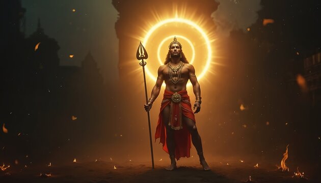 Powerful Hindu god Hanuman stands with spear in glowing golden light. Fire embers fly around mystical dark background. Divine being radiates strength and devotion.
