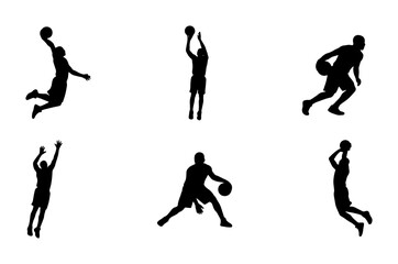 Basketball player silhouettes set, 6 black vector icons of athletes playing ball, dunking and dribbling poses for sports graphic design © Nusrat
