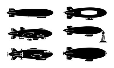 Vintage airship silhouette collection, 6 retro zeppelin vector icons, antique dirigible and blimp transport set, black flying steamship graphics © Nusrat