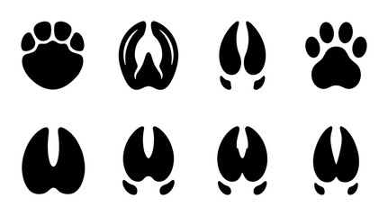 Fototapeta premium Animal track silhouettes set, 8 black paw and hoof print icons, wildlife footprint vector collection for nature education and hunting guides