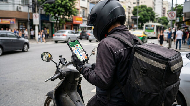Over-the-shoulder perspective of a delivery rider sitting on a motorcycle