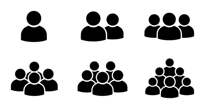 Minimalist user icon set, black human silhouette avatars, 6 group and team member symbols for business interface design and web navigation