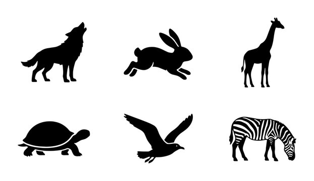 Black animal silhouettes collection, set of 6 wildlife vector icons, minimalist wolf rabbit giraffe turtle bird and zebra shapes for logo design