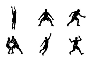 Basketball player silhouettes set, collection of 6 black athlete vector icons, basketball action poses including jumping and dribbling, sports graphics © Touhidul