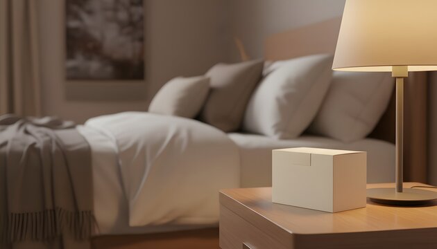 Premium small packaging box on bedside table with warm lamp lighting for luxury product branding scene