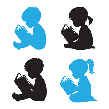 Children Reading Books Silhouette Vector Set - Little Boys and Girls Sitting and Reading