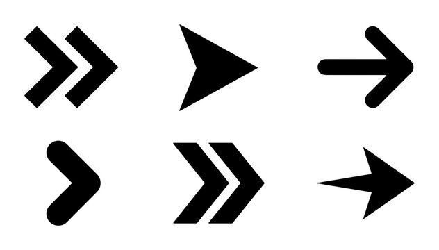Minimalist black arrow icons set, 6 directional vector symbols, modern navigation pointers and chevron elements for web interface design