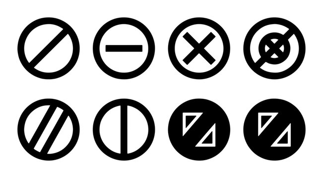 Prohibition sign icon set, black circular forbidden symbols, 8 vector warning and restriction elements for UI design and safety signage