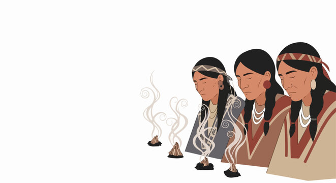 Indigenous women performing smudging ritual with smoke in vector illustration style. Spiritual cleansing ceremony for peace and harmony. Cultural tradition for wellness and healing.