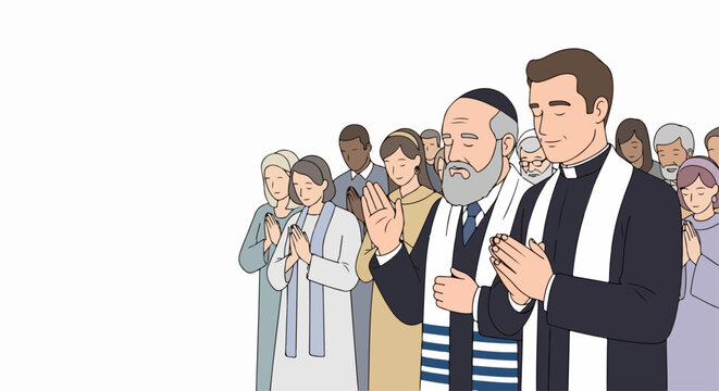 Diverse religious group praying together vector illustration. Interfaith gathering with people of different faiths united in prayer, symbolizing peace and unity.
