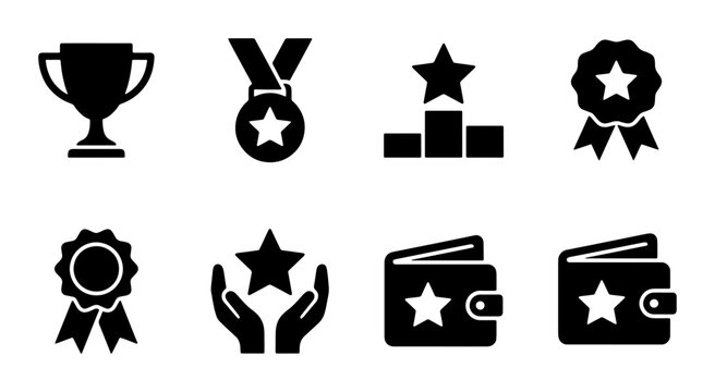 Achievement and reward icon set, black solid vector symbols for success and victory, trophy medal and star award collection for business and gaming