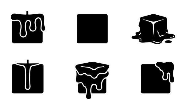 Melting cube icons set, black silhouette of dripping square shapes, 6 vector elements of liquid wax and frozen ice blocks for UI design
