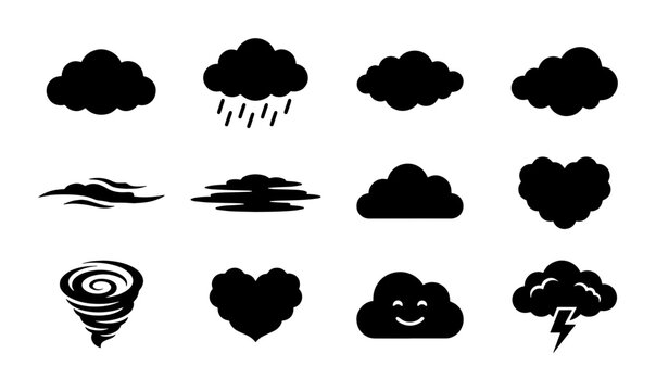 Minimalist weather icon set with 12 black cloud silhouettes, meteorology symbols including rain and lightning, flat vector storm and tornado graphics