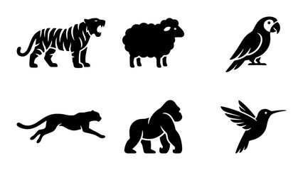 Minimalist animal silhouette icons, black vector wildlife set of 6 elements, tiger sheep parrot cheetah gorilla and hummingbird symbols for logo design © AminulHaque