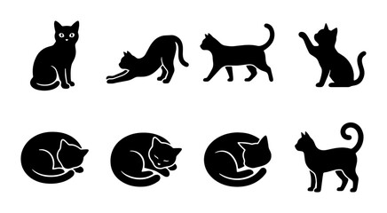 Black cat silhouette collection, set of 8 feline vector icons in various poses, minimalist pet animal graphics for logo design and web icons © Farhana