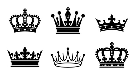 Royal crown silhouettes set, 6 black heraldic crowns and tiaras vector, vintage monarch headwear icons for luxury branding and logo design © Farhana