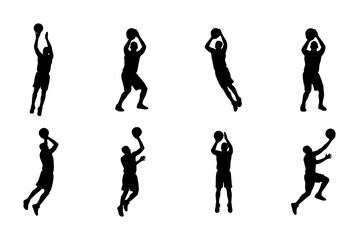 Basketball player silhouette set, 8 athlete vector figures shooting and jumping, black sports action poses for competition graphics © Tanzina