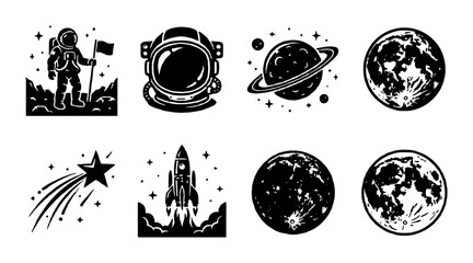 Vintage outer space icons set, black and white astronaut and rocket ship vector illustrations, celestial planets and shooting star graphics for logos © AminulHaque