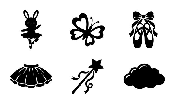 Ballerina silhouette icon set, 6 black ballet vector elements, cute bunny dancer and pointe shoes, magic wand and tutu skirt for nursery decor