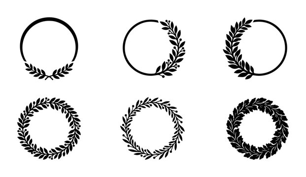 Minimalist laurel wreath vector set, black circular foliage frames, 6 elegant botanical border elements for wedding invitations and logo design
