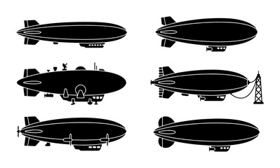 Vintage airship silhouette collection, 6 retro zeppelin and dirigible vector icons, antique steampunk flying machine set for historical design © Tanzina