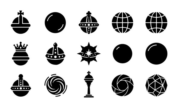 Royal orb and globe icon set, 15 black silhouette sphere symbols, sovereign regalia and celestial planet vector elements for heraldry and web design