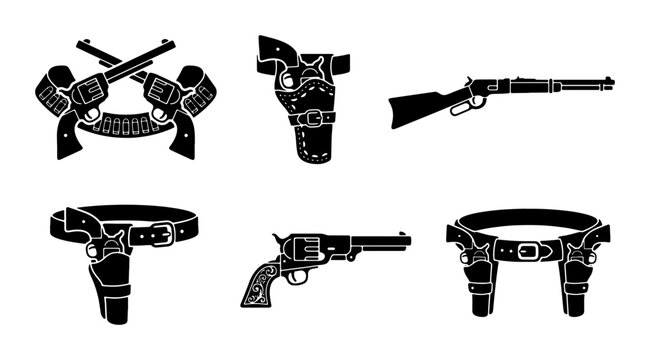 Vintage wild west gun collection, black silhouette western revolvers and holsters, 6 antique cowboy firearm icons, classic lever action rifle vector set