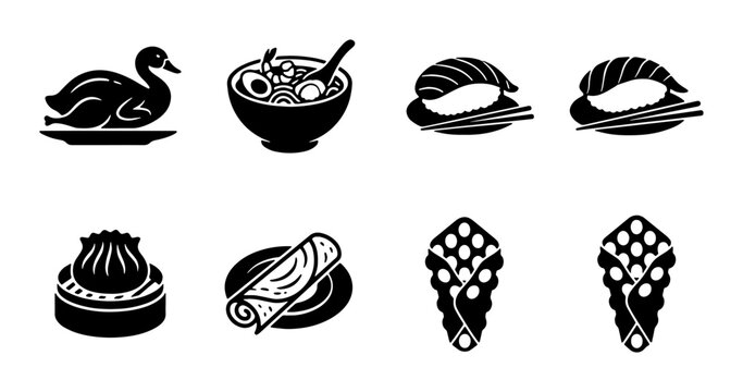 Asian food icon set with 8 black vector silhouettes, traditional oriental cuisine symbols, sushi and ramen bowl illustrations for restaurant menus