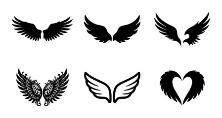 Black wing silhouettes collection, set of 6 vector angel and bird wings, heraldic eagle wing icons, decorative feather wing shapes for logo design © Shohag