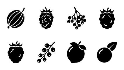 Minimalist berry icon set, black silhouette fruit collection including raspberry and blueberry, 8 flat vector berry symbols for organic food branding © Shohag