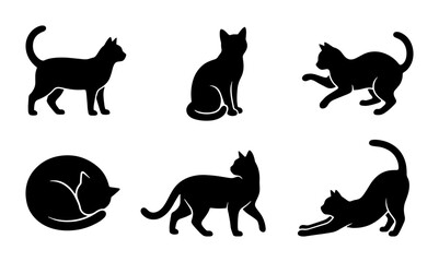 Black cat silhouette collection, 6 feline vector icons in various poses, minimalist pet animal silhouettes for logo design and branding © Tanzina