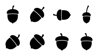 Minimalist acorn silhouette icons, set of 8 black oak nut vector illustrations, autumn forest seed symbols for seasonal branding and nature logos © Shohag