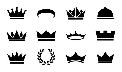 Royal crown icons set, black silhouette king and queen tiara collection, 12 luxury heraldic symbols for logo design and branding, vector coronet elements © Tanzina