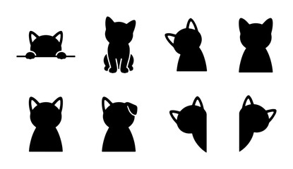 Black cat silhouette set, 8 kitten vector icons in various poses, peeking and sitting feline shapes, minimalist animal character collection © Ruma