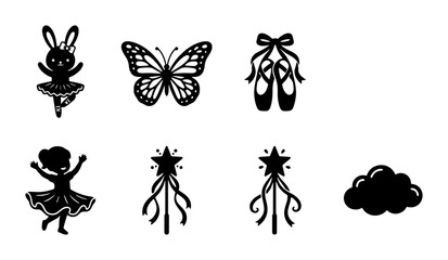 Ballet silhouette icons set, 7 black vector elements including ballerina girl and bunny in tutu, butterfly and magic wand graphics for nursery decor © Ruma