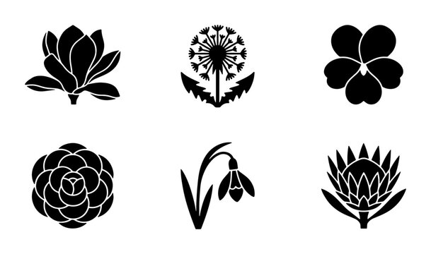Minimalist black floral icons set, 6 botanical flower silhouettes including magnolia and dandelion, elegant nature vector symbols for branding